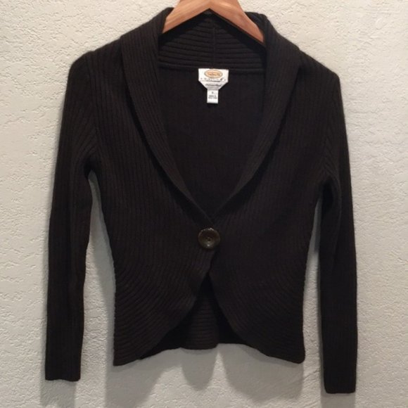 TALBOTS Women’s Cashmere Silk Blend Petites Cardigan Knit Tulip Hem Button Brown - Picture 1 of 13